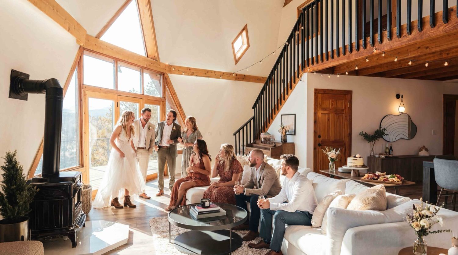 A wedding party gathered in the dome's great room